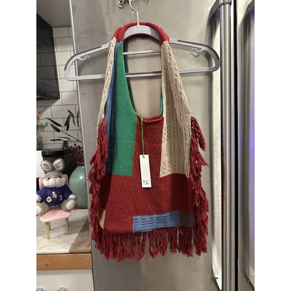 Festival Color Block Handmade Hobo Bag Fringe Deep Towel Phone Hat Drink‎ Sandal